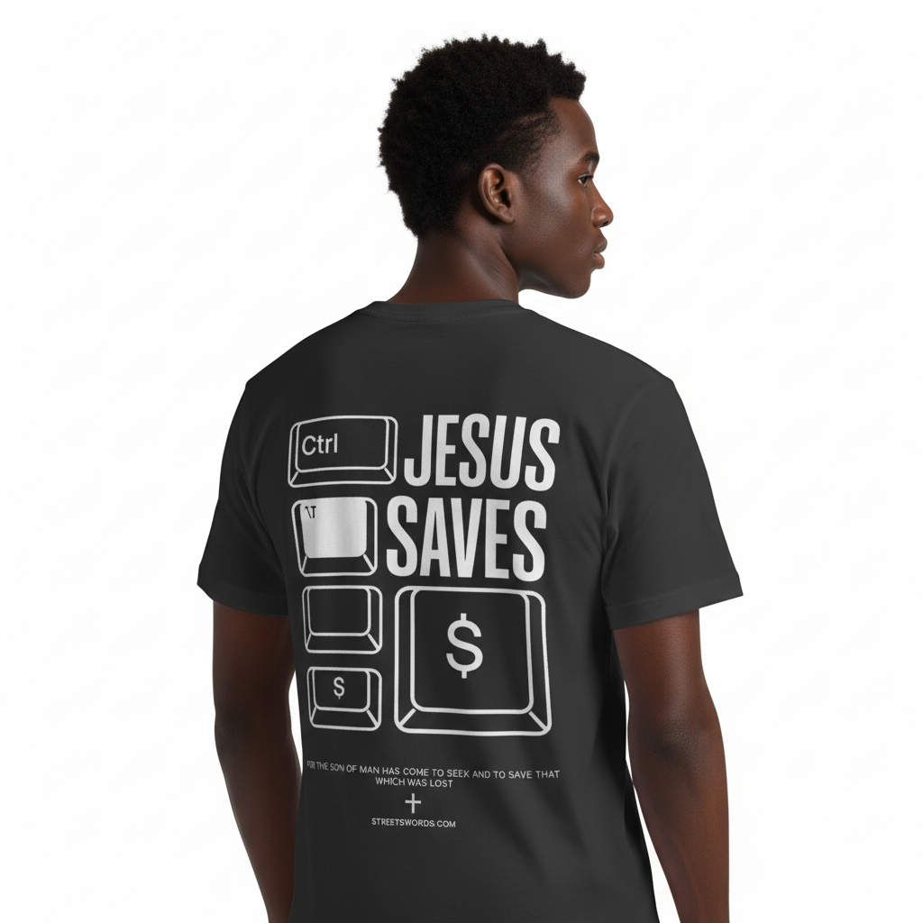 Person wearing a black t-shirt with 'Jesus Saves' design on the back