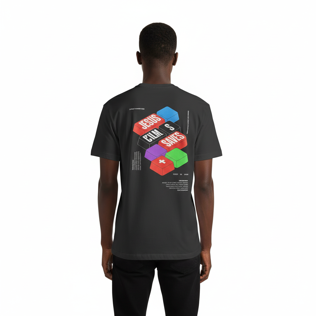 Black t-shirt with colorful graphics on a white background