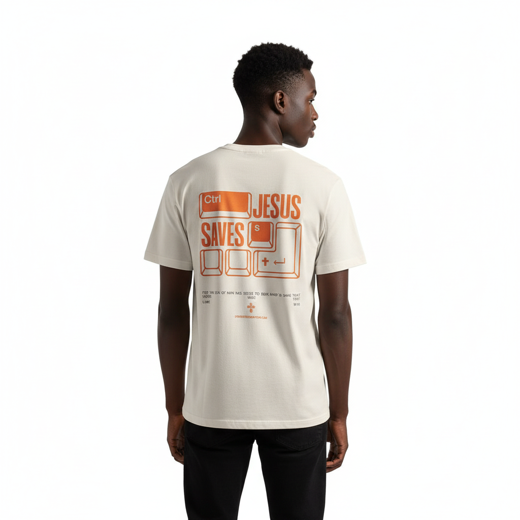 Beige t-shirt with 'Jesus Saves' graphic on a white background