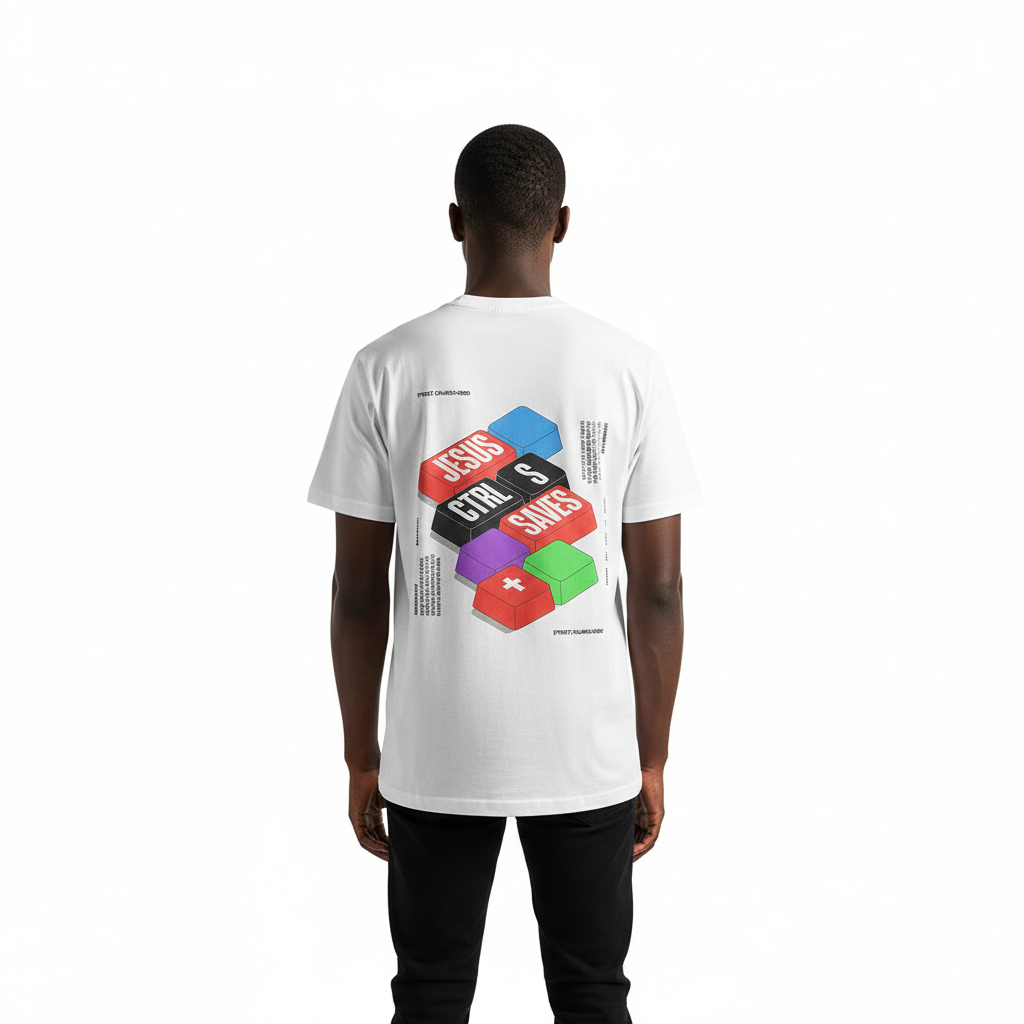 Person wearing a white t-shirt with colorful graphic design on the back, standing against a white background