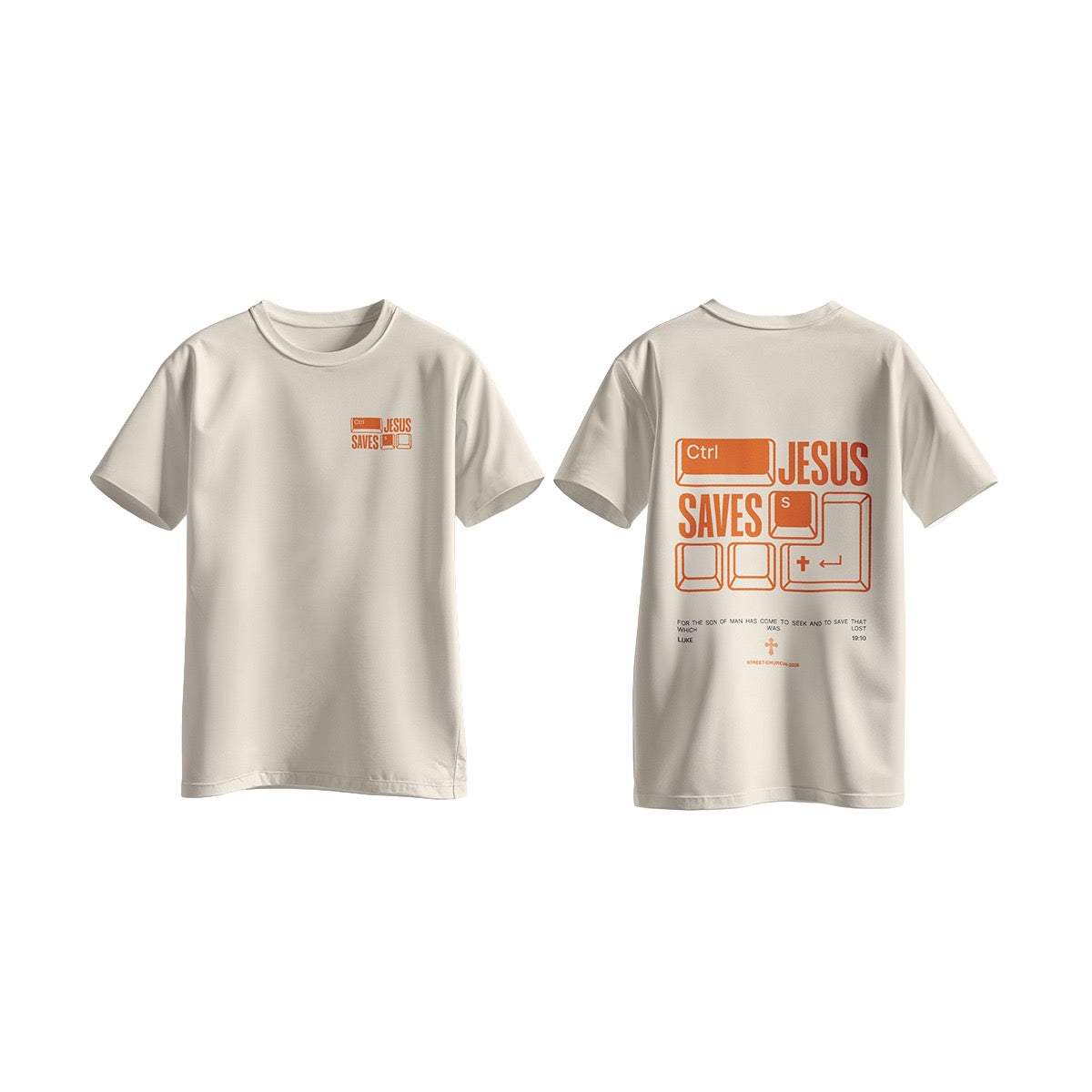 Beige t-shirt with 'Jesus Saves' graphic on a white background