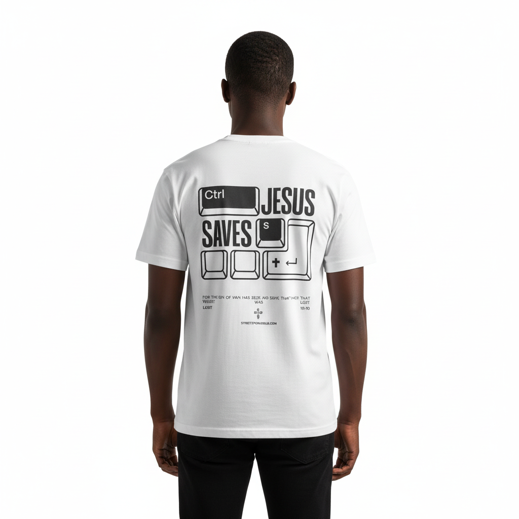 Person wearing a white t-shirt with 'Jesus Saves' design on the back, on a white background